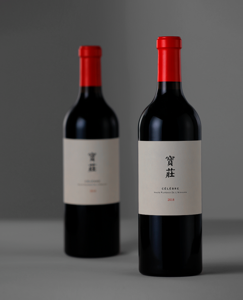 Two bottles of red wine with red caps on a gray background