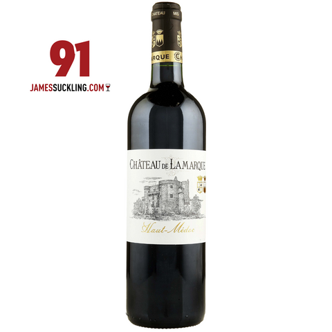 A bottle of Chateau de Lamarque - Haut Medoc Red 2017 Magnum displays a castle illustration on its label, accompanied by a red 91 JAMES SUCKLING.COM rating and a wine glass icon.