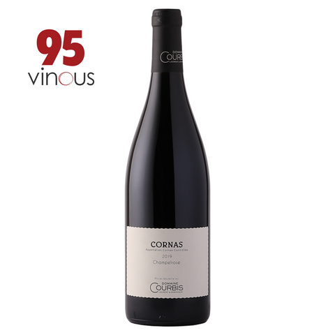 Wine bottle with 'Cornas' label and '95 Vinous' rating on a white background