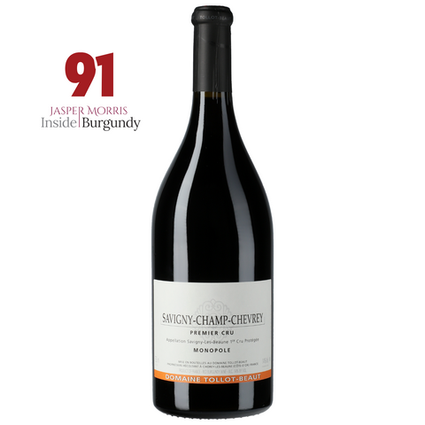 A bottle of Domaine Tollot Beaut - Savigny Champ Chevrey 1er Cru Monopole Red 2022 with a white label. To the left, “91 Jasper Morris Inside Burgundy” appears in red and gray on a white background.