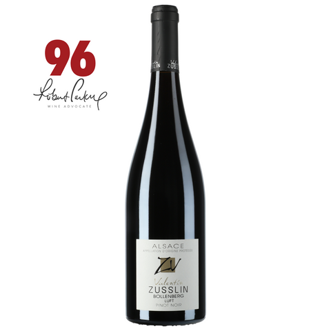 Wine bottle with a label and a rating from Robert Parker on a white background