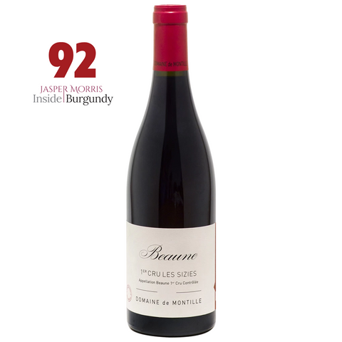 A bottle of Domaine de Montille - Beaune 1er Cru Les Sizies Red 2022 stands upright. Text beside it reads “92 Jasper Morris Inside Burgundy.” The white label features an elegant, minimalist design, embodying classic Burgundy style.