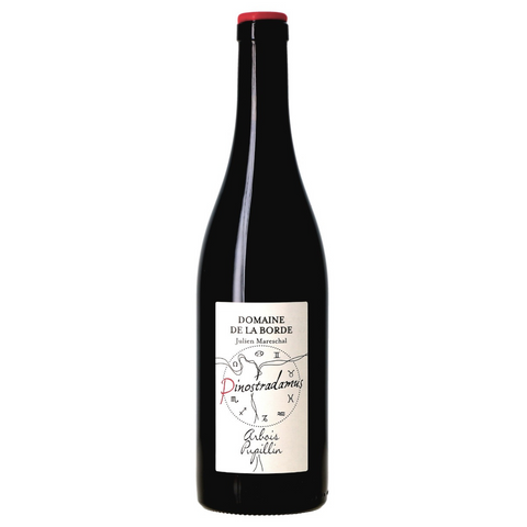 Domaine de la Borde Pinostradamus Red Wine bottle with a label on a white background