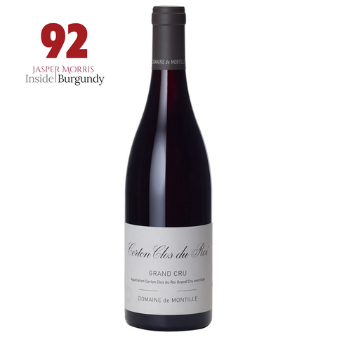 A bottle of Domaine de Montille - Corton Grand Cru Clos du Roi Red 2022. On the left, a 92-point rating from Jasper Morris Inside Burgundy highlights this wines critical acclaim.