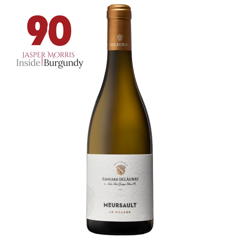 A bottle of Edouard Delaunay - Meursault Le Village White 2022, pale gold with a gold foil top. Beside it, the text 90 Jasper Morris Inside Burgundy appears in red and gray.