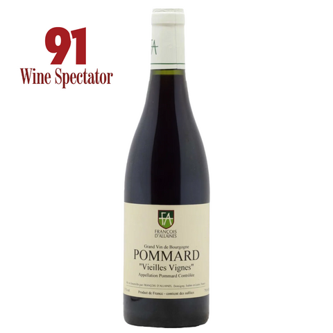 Bottle of Pommard wine with Wine Spectator score 91 on a white background