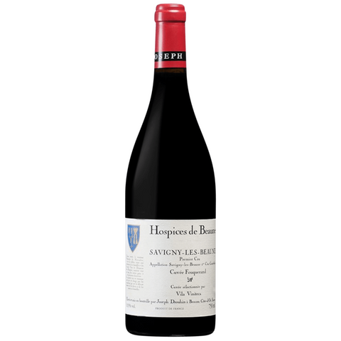 Red wine bottle Hospices de Beaune with a white label on a white background