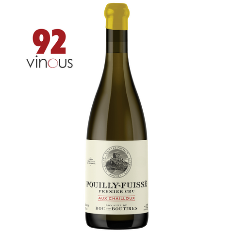 Wine bottle with Pouilly-Fuisse label and Vinous rating on a white background