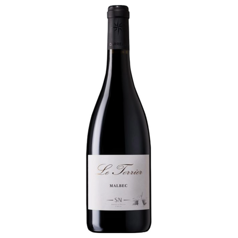 Wine bottle labeled 'Le Terrier Malbec' on a white background