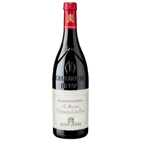 Alain Jaime Grand Veneur Chateauneuf du Pape Miocene Wine bottle with a red label on a white background