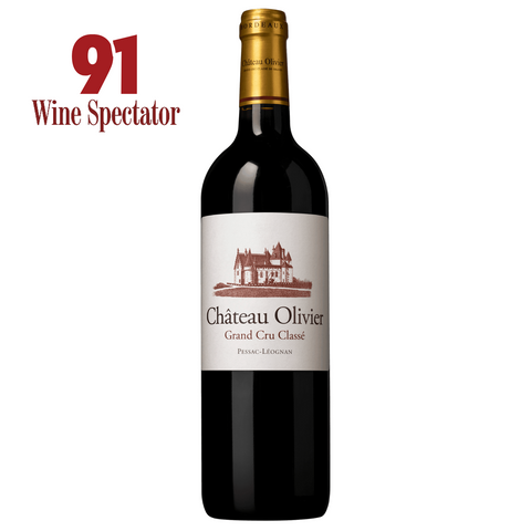 Château Olivier wine bottle with Wine Spectator score 91 on a white background