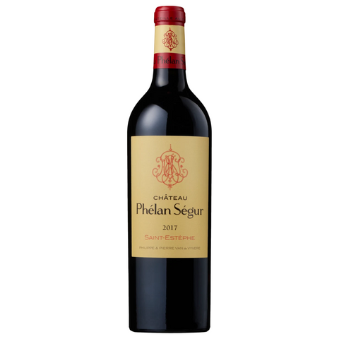 Red wine bottle with 'Château Phélan Ségur' label on a white background