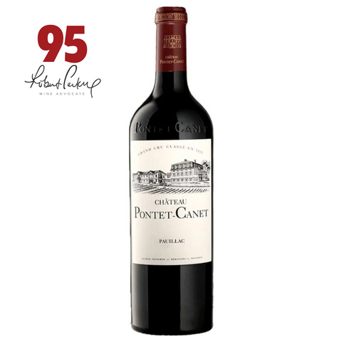 Château Pontet-Canet wine bottle with a 95-point rating from Robert Parker on a white background