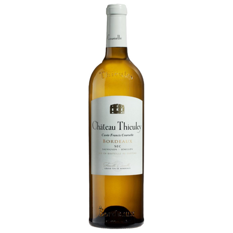 Bottle of Chateau Thiculey Bordeaux wine on a white background