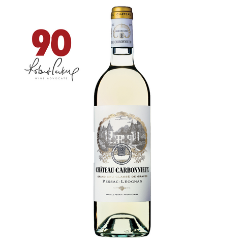 Bottle of Chateau Carbonnieux white wine with a 90-point rating from Robert Parker on a white background