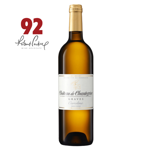 Wine bottle with a label and a rating on a white background