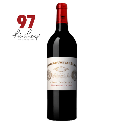 Red wine bottle with a white label on a white background, featuring a 97 rating from Robert Parker.