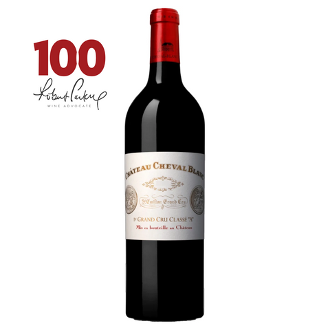 Bottle of Chateau Cheval Blanc wine with a red label on a white background