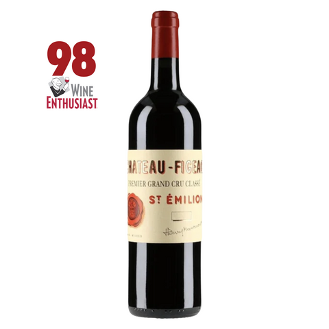 Bottle of Chateau Figeac wine with a 98 rating from Wine Enthusiast on a white background