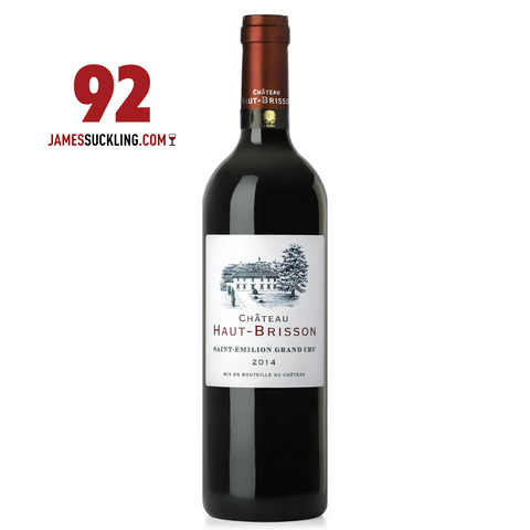 Bottle of Château Haut-Brisson red wine with a James Suckling score on a white background