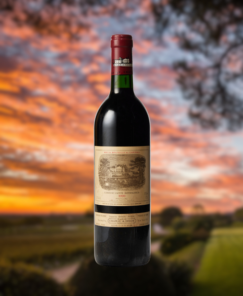 Red wine bottle with a sunset landscape in the background