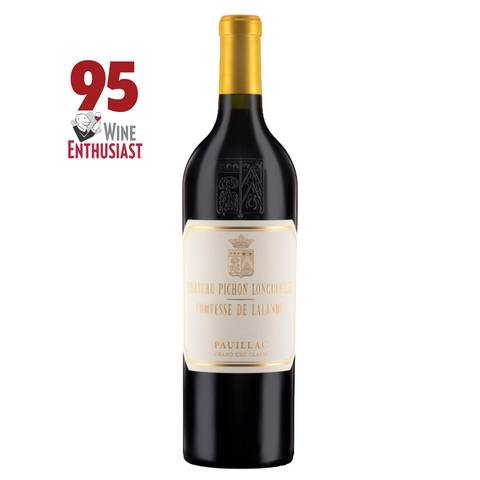 Red wine bottle with gold foil cap and white label on a white background, featuring Wine Enthusiast score.