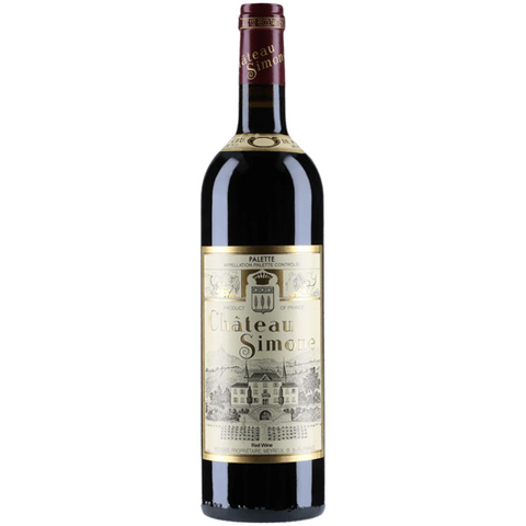 Chateau Simone wine bottle on a white background