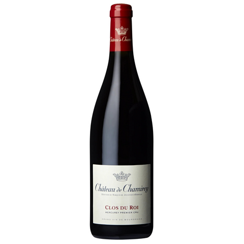A bottle of Chateau de Chamirey - Mercurey 1er Cru Clos du Roi Red 2021 with a red foil top and a cream-colored label featuring the wine’s name and details.
