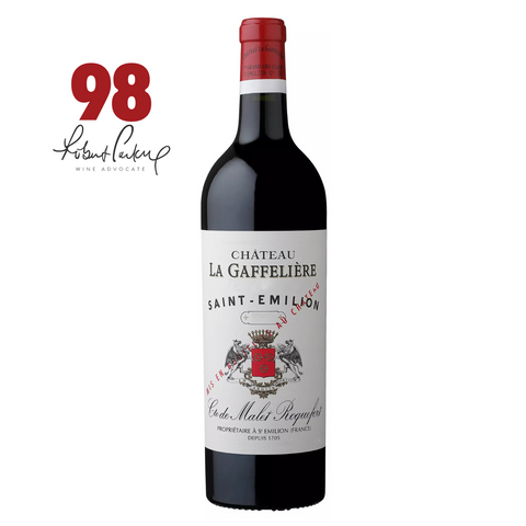 Red wine bottle with 'Chateau La Gaffelière' label on a white background