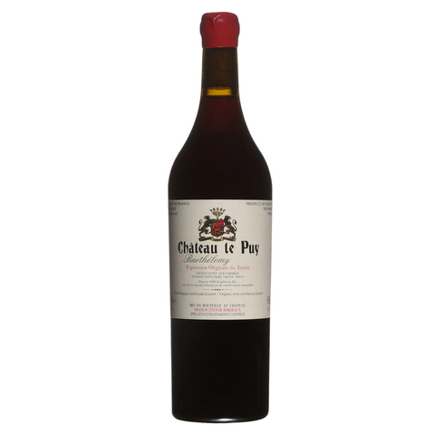 Wine bottle with Chateau Le Puy label on a white background