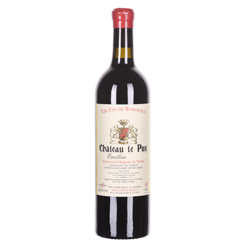 Bottle of Chateau Le Puy wine on a white background