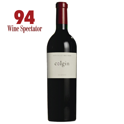 Red wine bottle Colgin with '94 Wine Spectator' rating on a white background