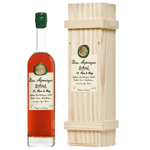 Bottle of Bas-Armagnac Delord with wooden crate on a white background