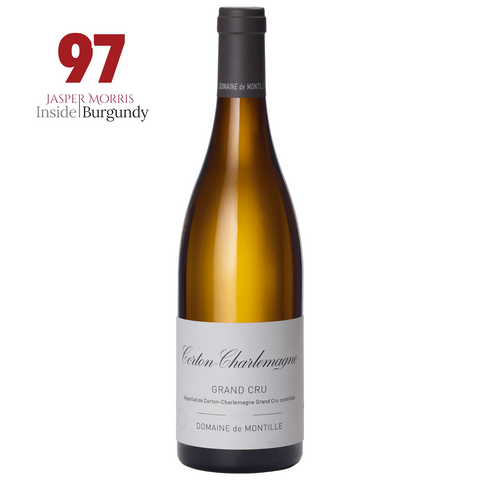 A bottle of Domaine de Montille - Corton-Charlemagne Grand Cru White 2022 stands upright, while “97 Jasper Morris Inside Burgundy” in red and gray to the left highlights its outstanding wine score.