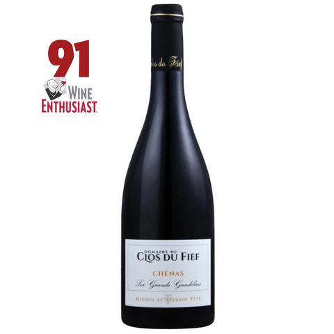 Wine bottle with 'Clos du Fief' label and Wine Enthusiast score on a white background