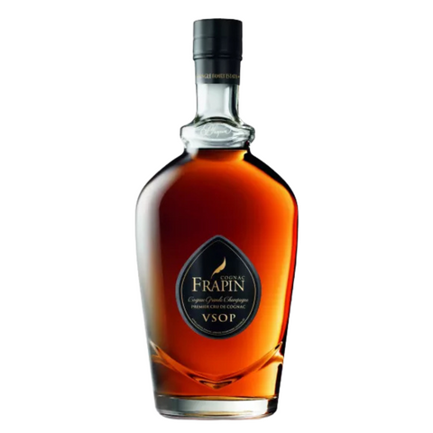 Bottle of Frapin VSOP cognac on a white background