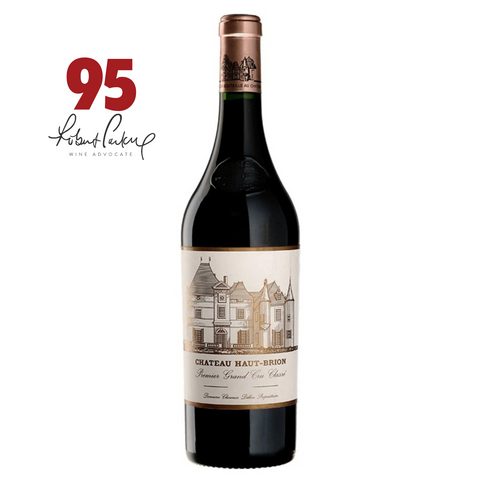 Wine bottle with label and Robert Parker score on a white background
