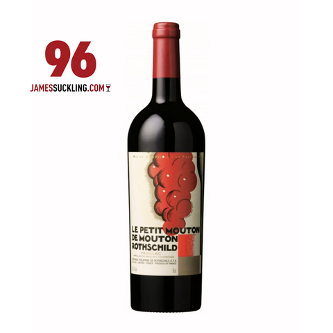 Wine bottle with a label featuring a red and white design, on a white background with JamesSuckling.com rating.