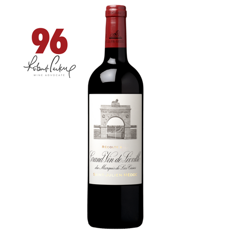 Red wine bottle with a label and a 96 rating from Robert Parker on a white background