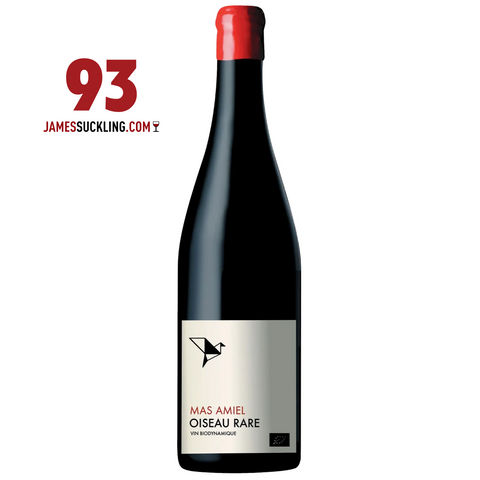 A bottle of Mas Amiel - Maury Oiseau Rare Red 2022 with a red wax seal and minimalist origami bird label. 93 JAMES SUCKLING.COM in red highlights this Grenache wine from the Maury terroir.