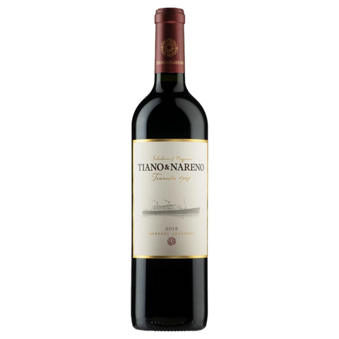 Wine bottle with Tiano Nareno label on a white background